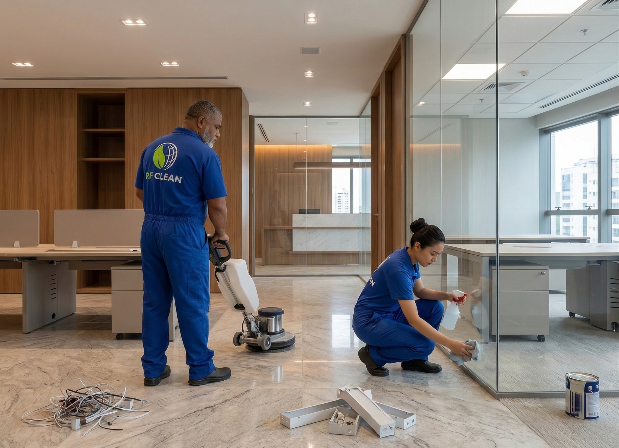 Equipe RF Clean realizando limpeza pós-obra em ambiente residencial